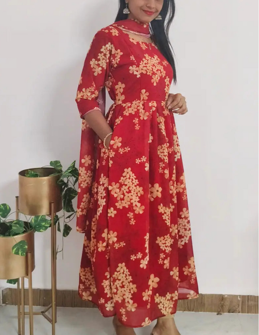 Red Blossom -Feeding Kurti With Shawl